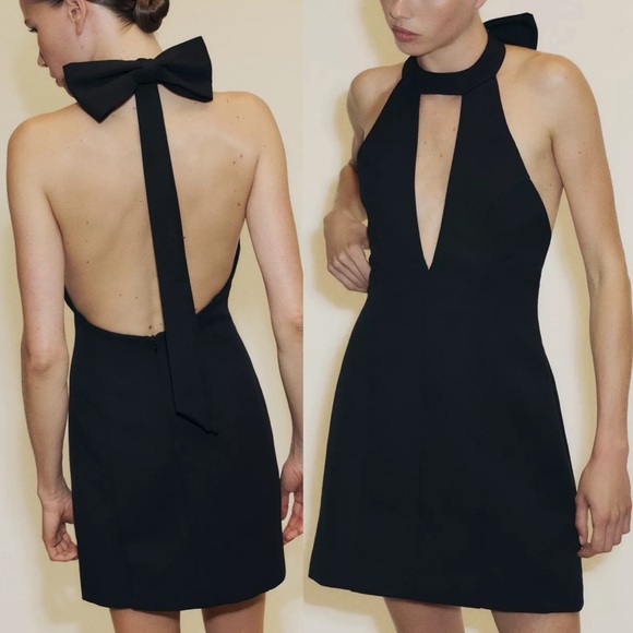 Zara Dresses & Skirts - Zara NWT open bow back choker collar feel v neck black luxe thick mini dress